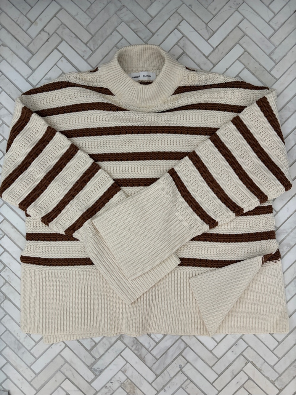 SAMSOE Cream and Brown Striped Turtleneck Sweater